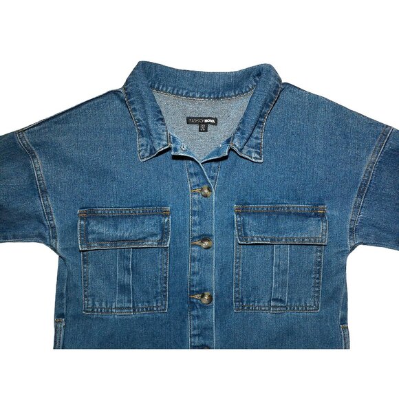 Fashion Nova Oversized Denim Long-Sleeve Button-Up Short Jumpsuit w/ Pockets XS - Picture 3 of 11